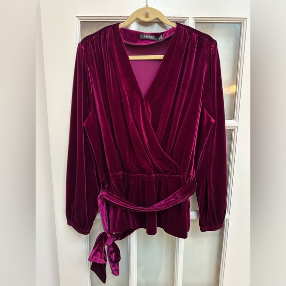 Lauren Ralph Lauren Black Label Belted Velvet Peplum Surplice Top Plus Size 1X - Picture 4 of 12